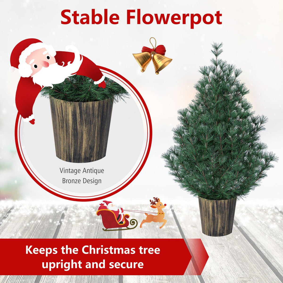Artificial Christmas tree beside a close-up inset of its distressed-look flowerpot