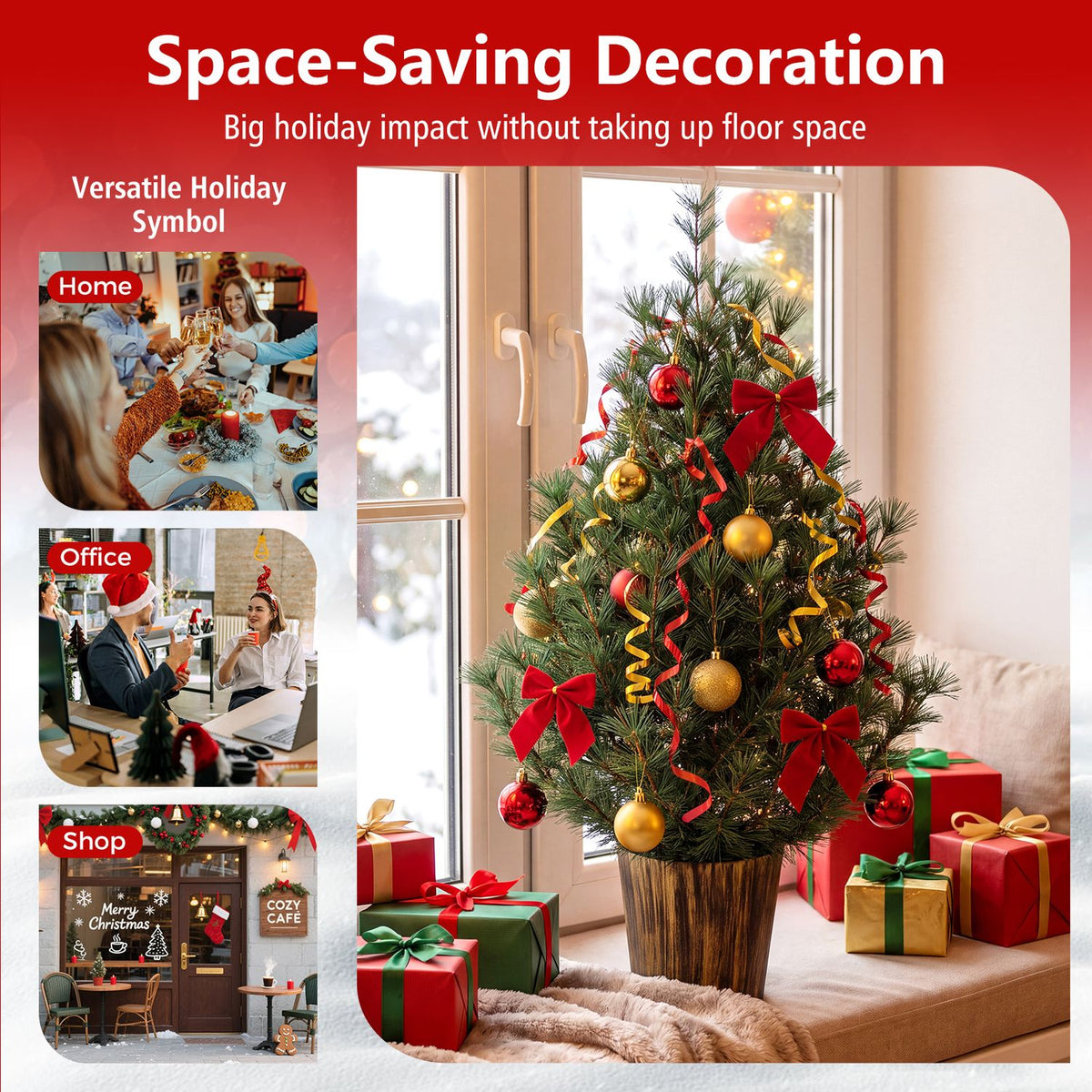 Artificial Christmas tree dressed with red bows, gold ornaments and lights beside wrapped gifts.