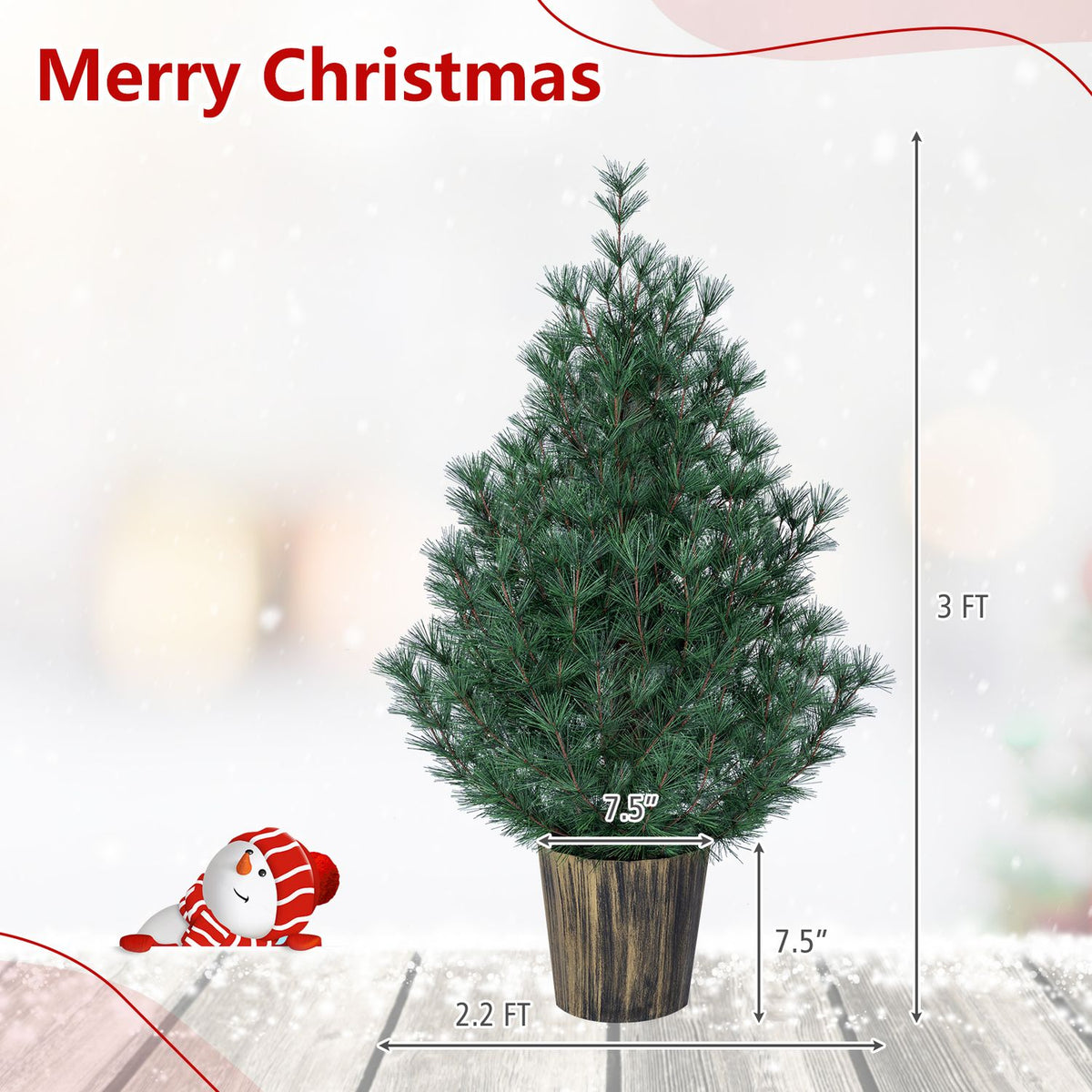 Potted artificial Christmas tree shown with height, width and pot measurements