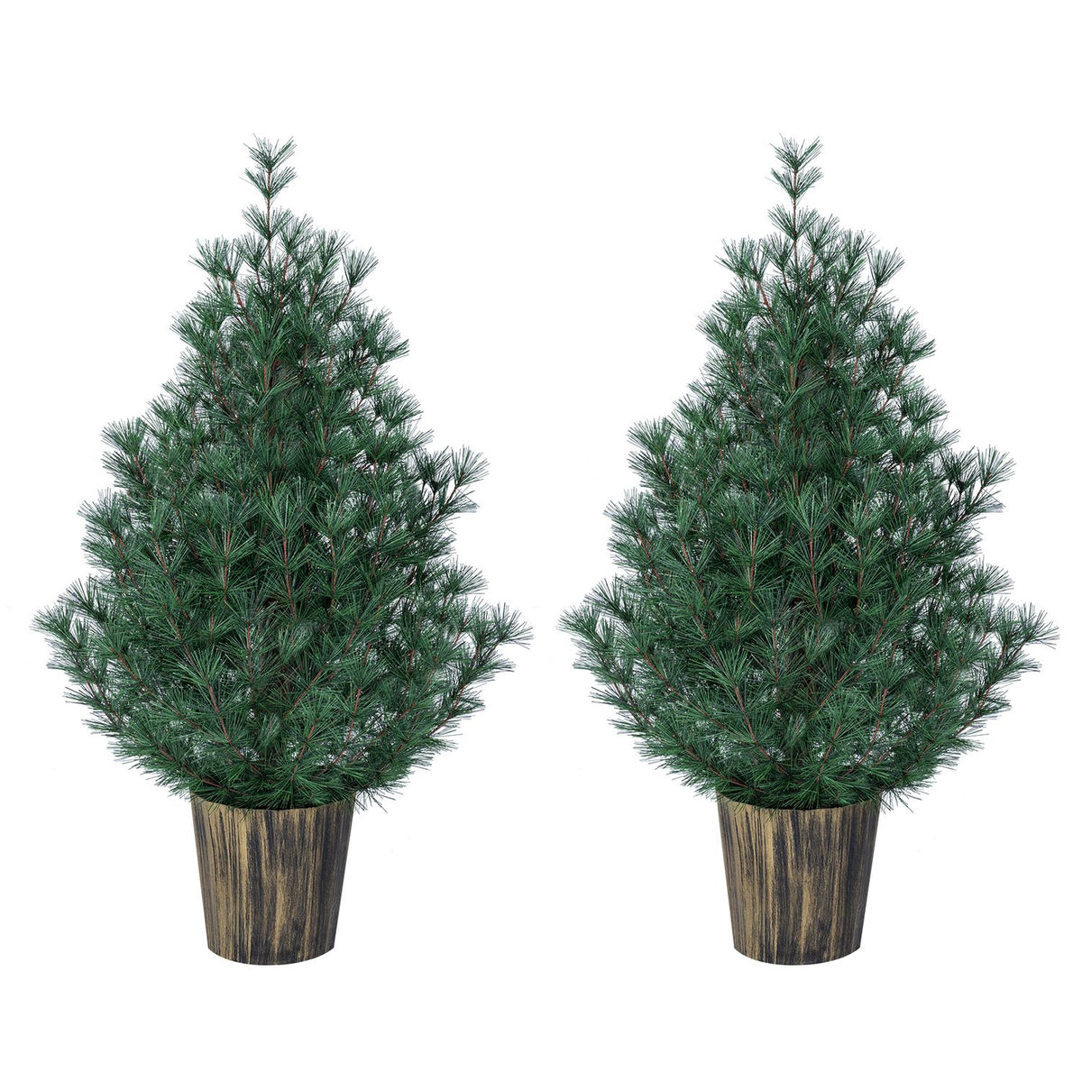Pair of green artificial Christmas trees in distressed gold-look pots