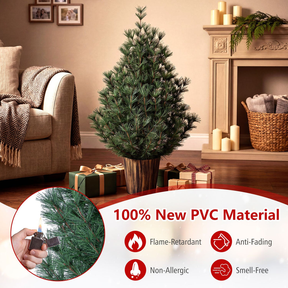An unadorned potted tree is shown in a living room, with a circular close-up of its branches.