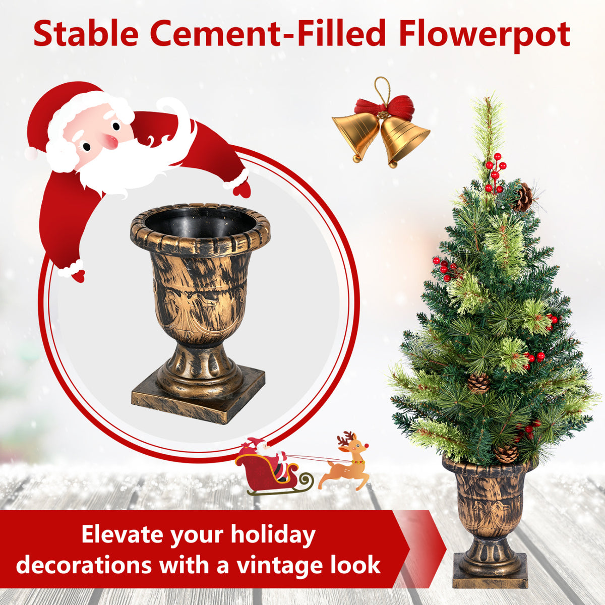 Decorated tabletop tree and separate ornate urn are shown together in a holiday-themed graphic.