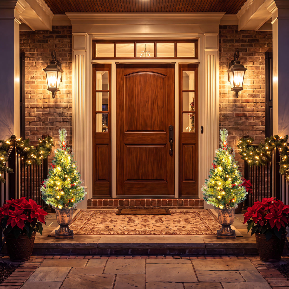 Two illuminated tabletop Christmas trees flank the front door of a brick porch.