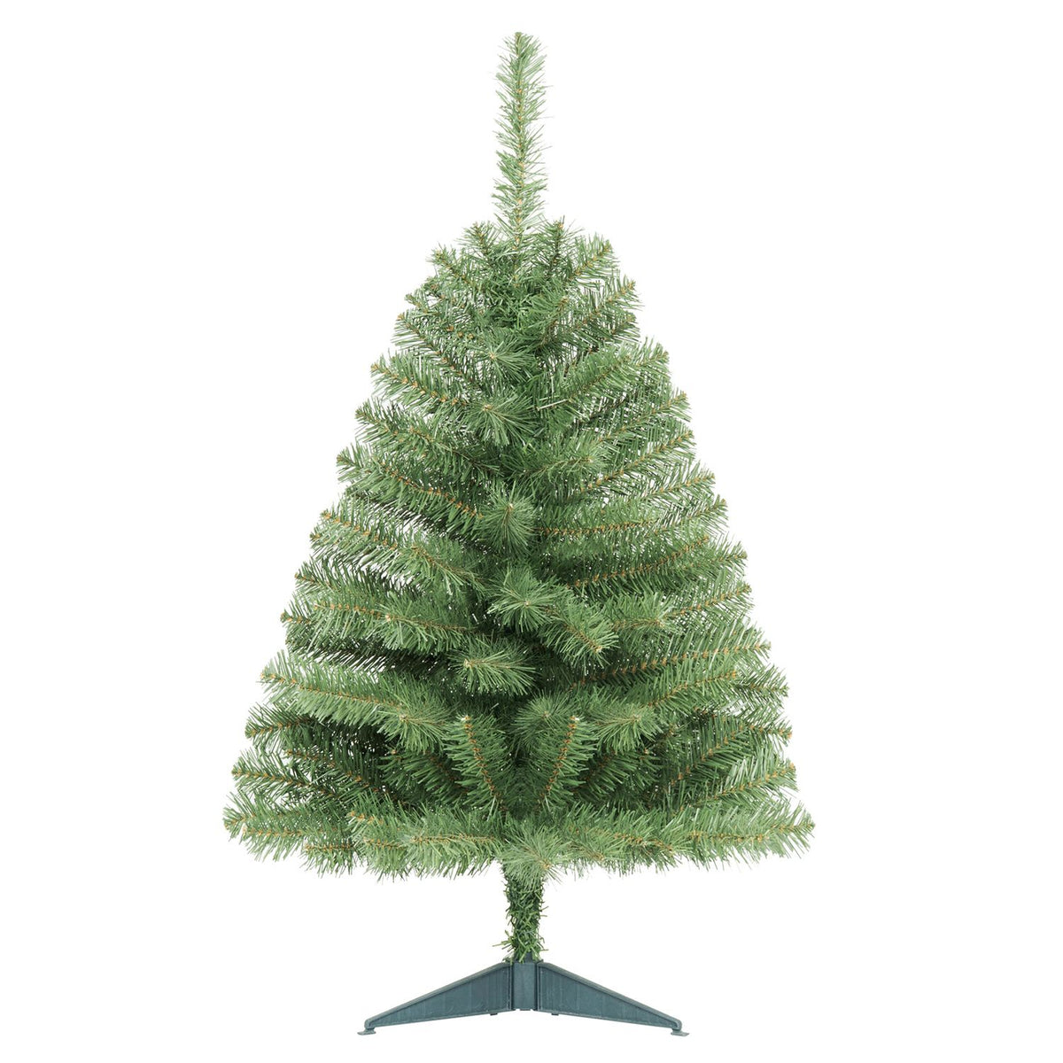Green artificial Christmas tree standing on a folding tripod base against a white background.