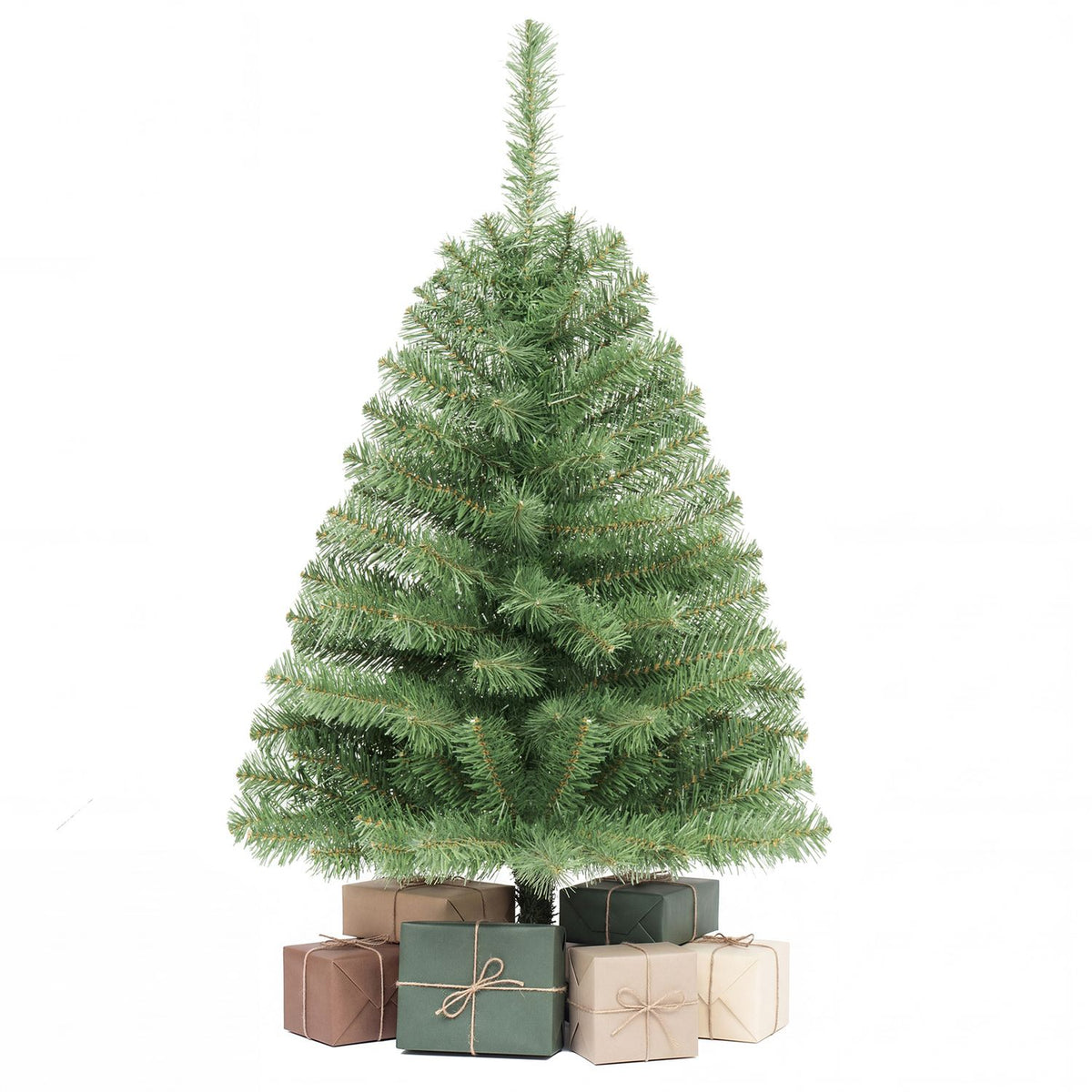 Green artificial Christmas tree on a folding tripod base, with wrapped gifts arranged beneath it.