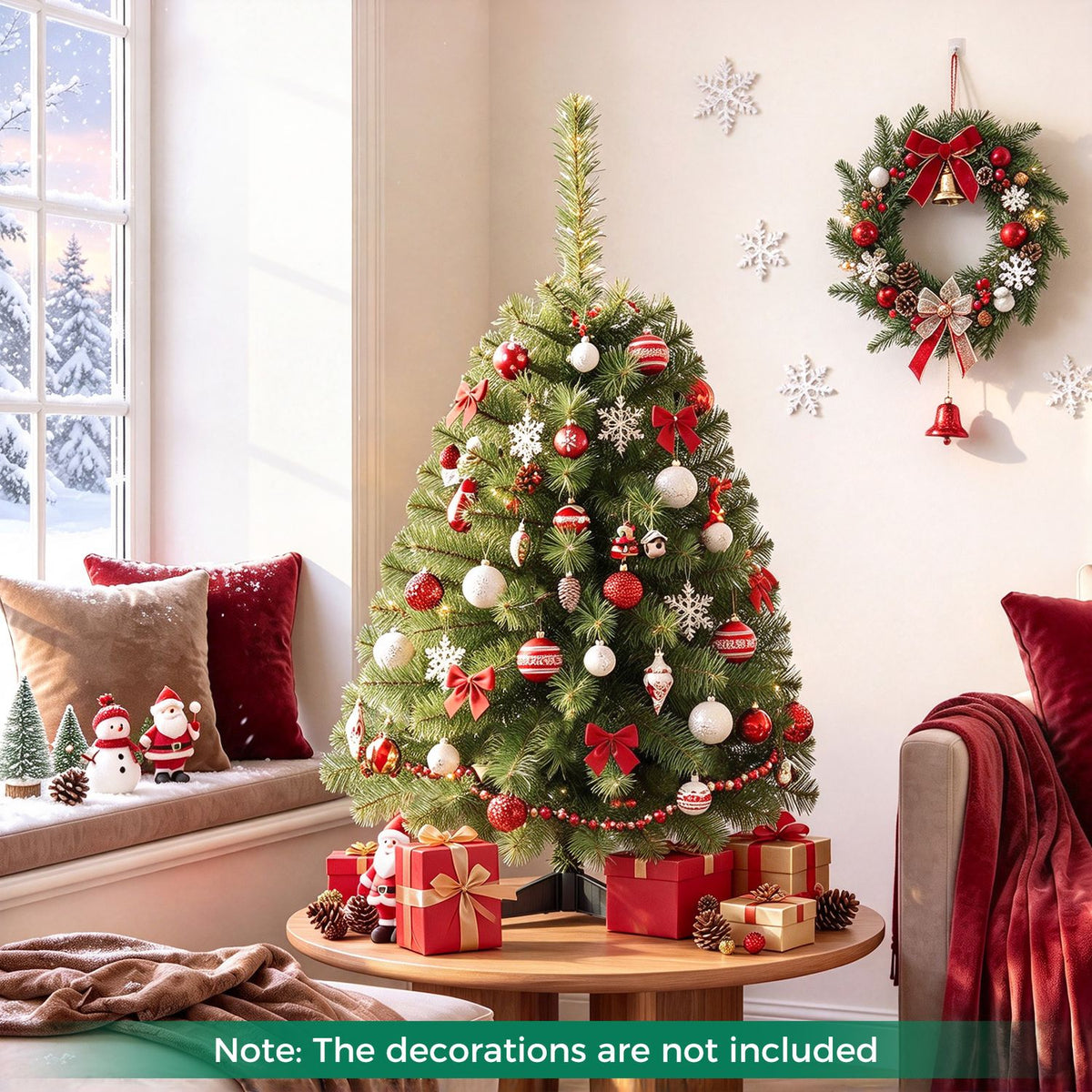 A decorated Christmas tree stands on a round table beside a window, gifts, and a wreath.