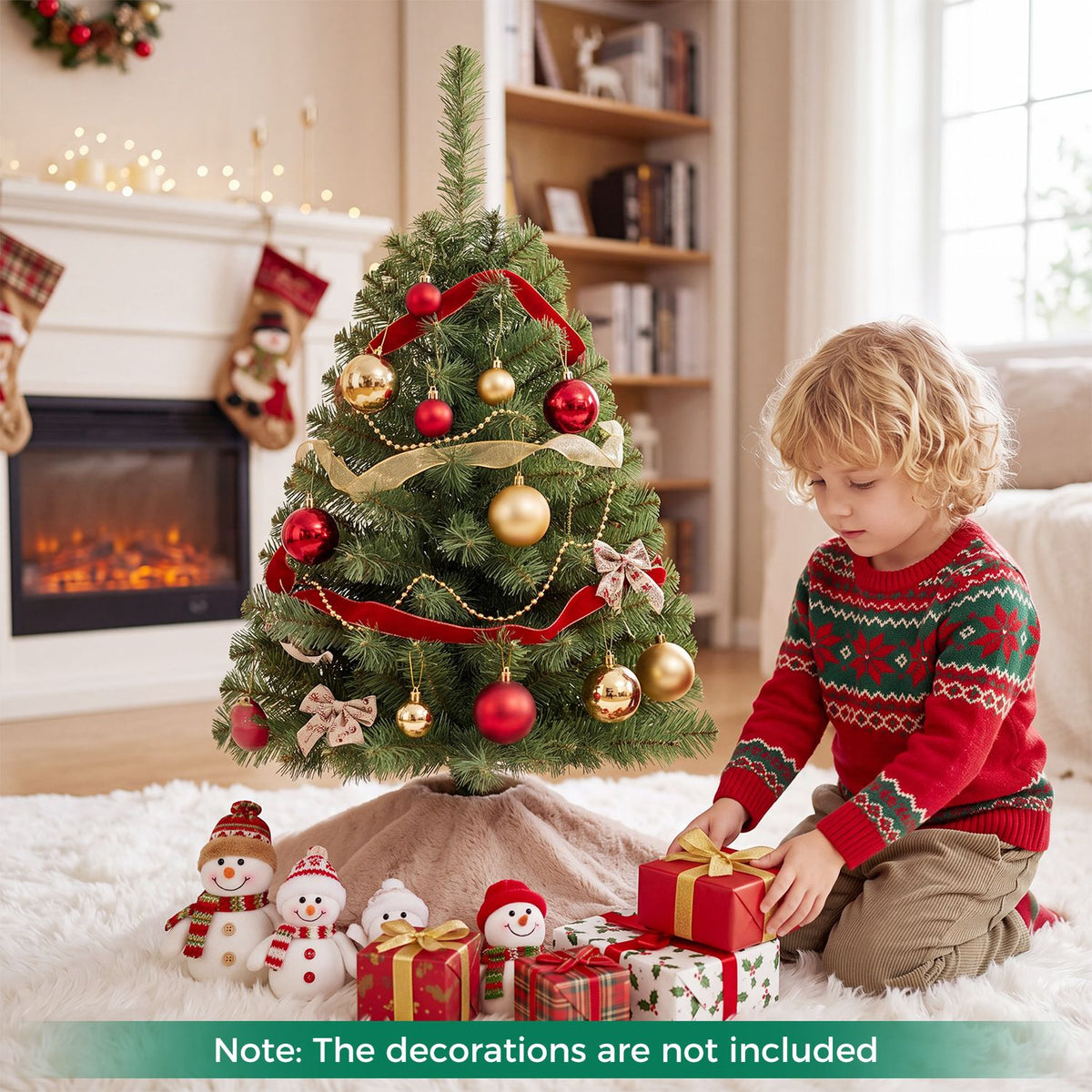 Decorated green Christmas tree beside a child placing a gift under it.