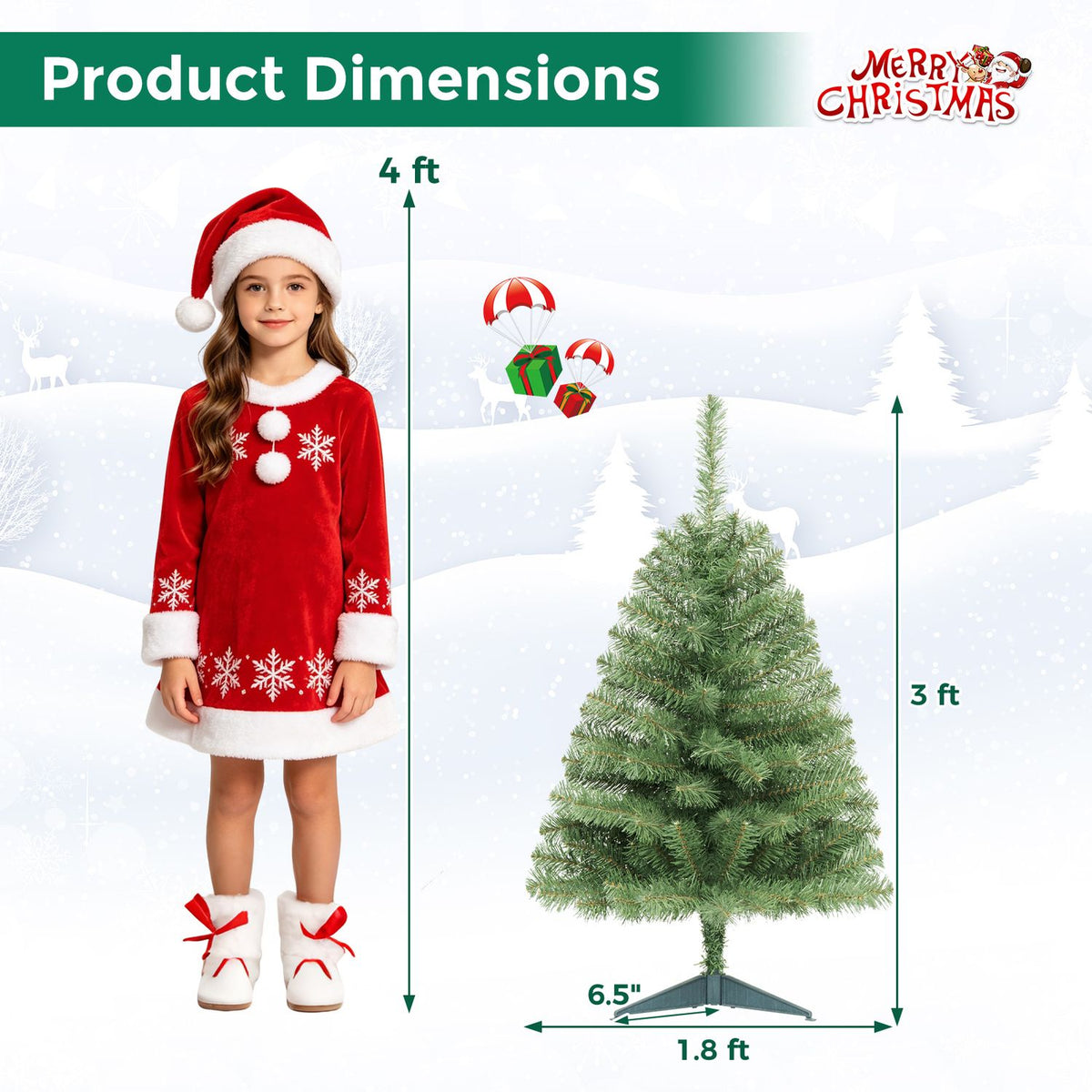 A small green Christmas tree beside a child, with measurement arrows and a stand shown.