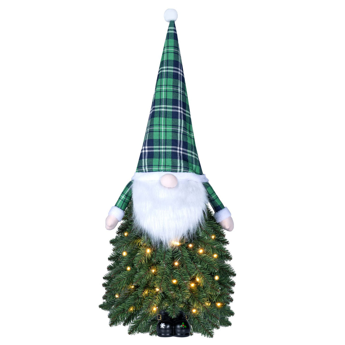 A plaid-hat gnome tops a small artificial tree dotted with warm lights against a white background.