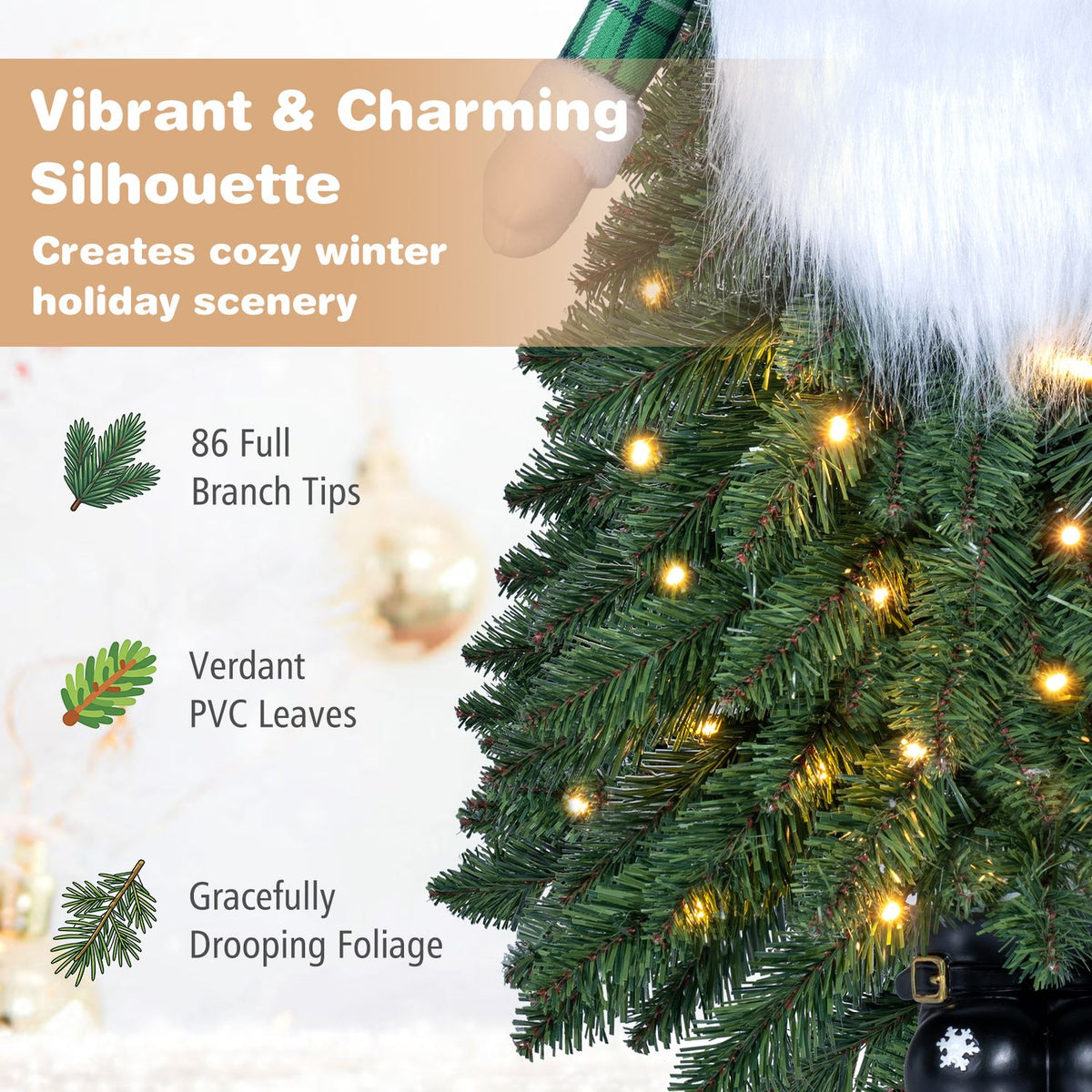 Close-up of a gnome tree’s green branches, glowing lights, fluffy beard, and black boots.