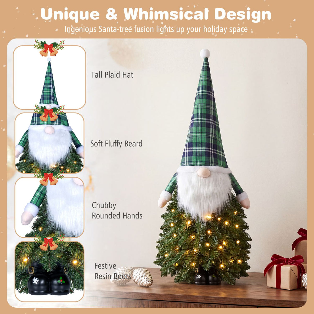 A plaid-hat gnome tree with a white beard and glowing lights stands on a table beside a gift.