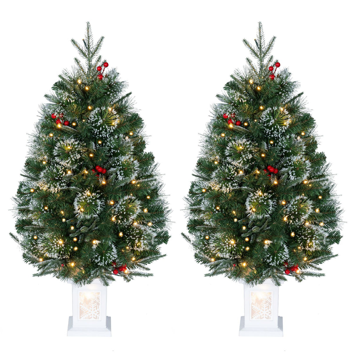 Two matching lit potted Christmas trees are shown side by side against a white background.