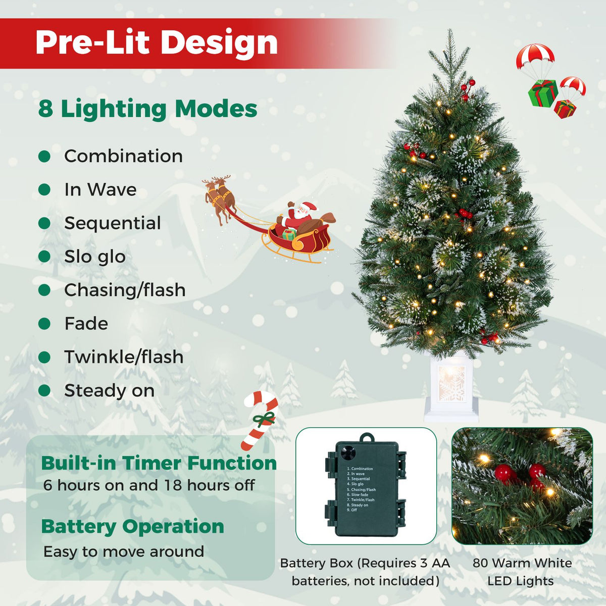 A decorated, illuminated potted tree appears beside an inset view of its battery box and glowing branches.