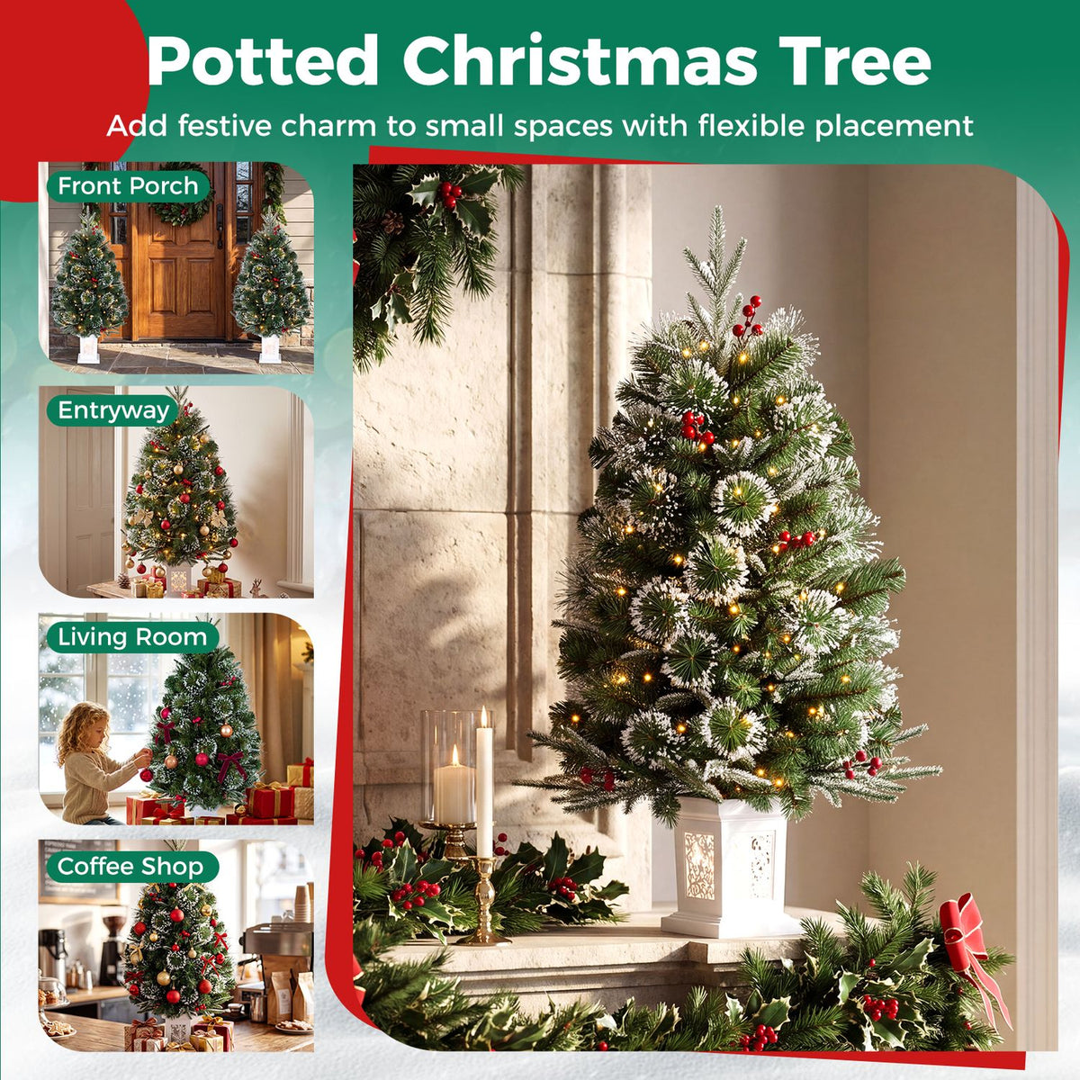 A lit, berry-decorated potted tree stands on a porch, with smaller scenes showing it in other spaces.