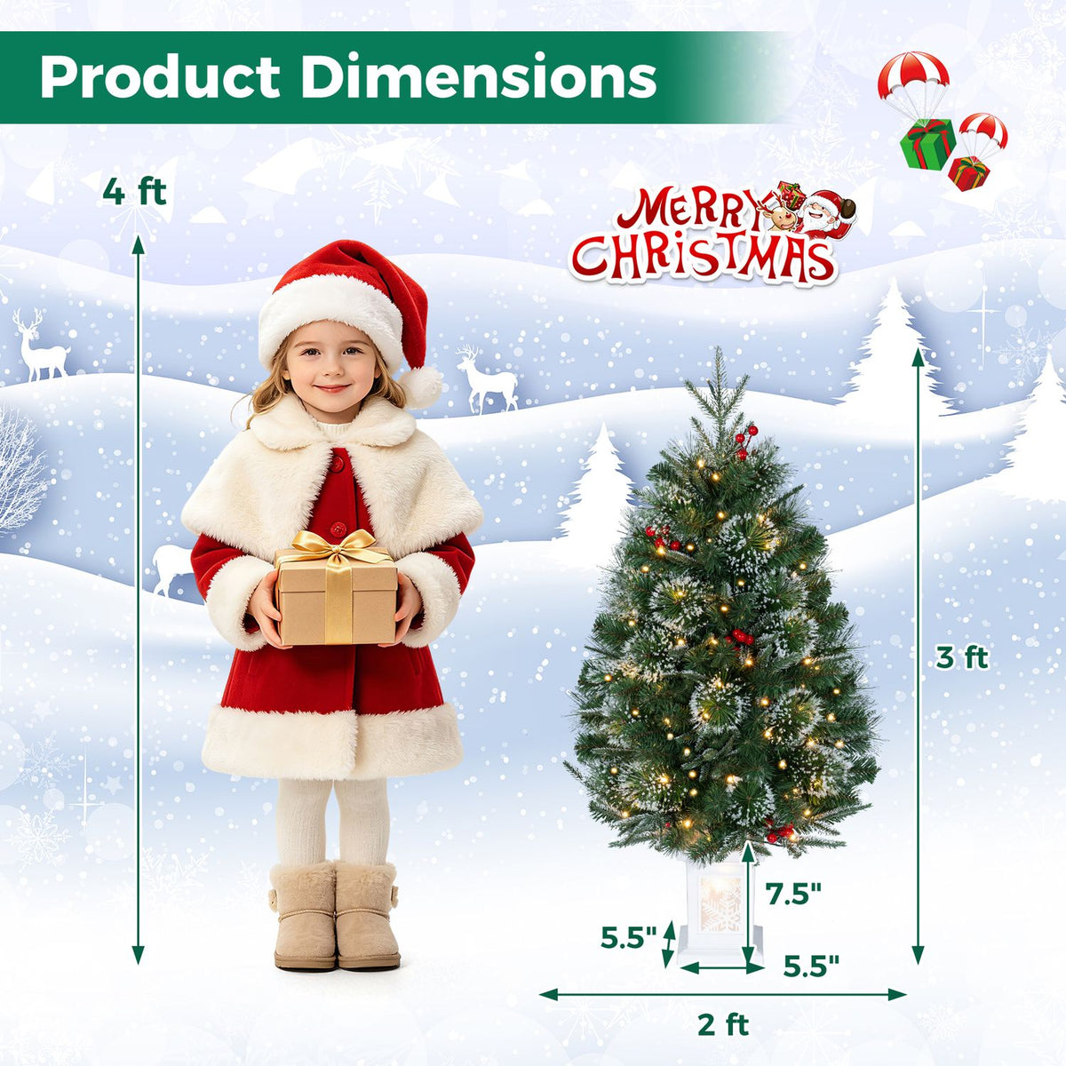 A child and a potted Christmas tree are pictured with arrows indicating their heights and the tree's width.