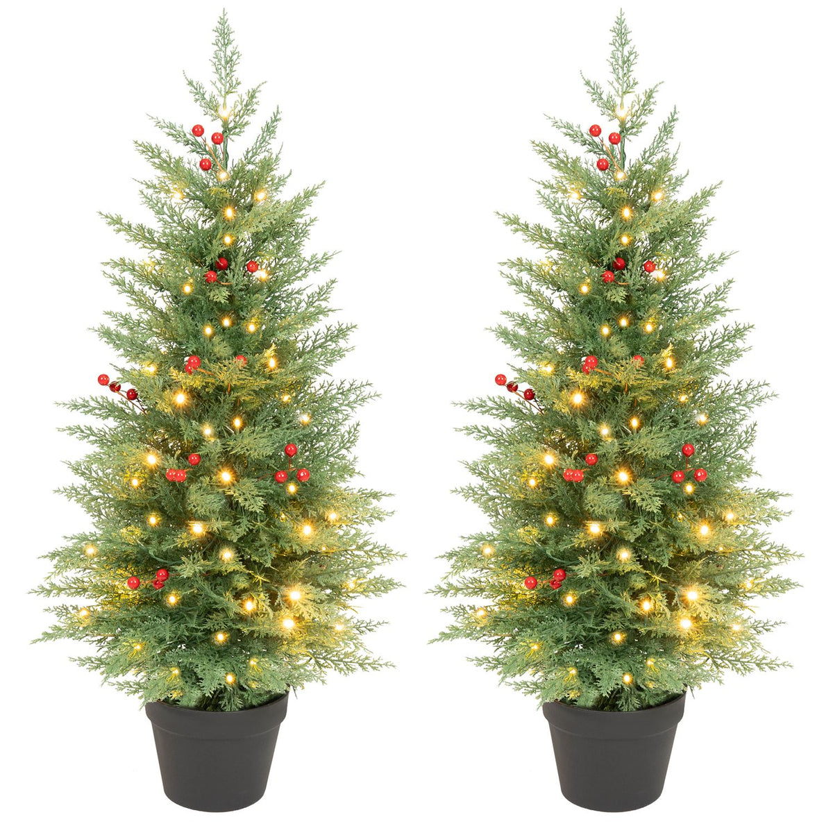 Pair of narrow potted Christmas trees with warm lights and red ornaments against a white background.
