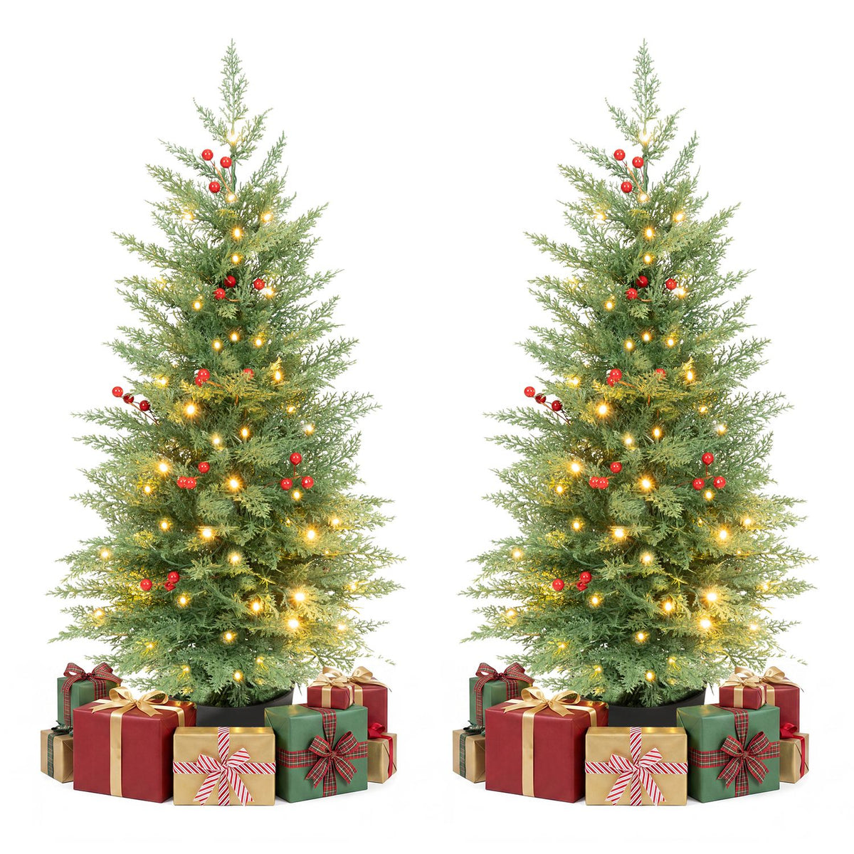 Two illuminated potted trees surrounded by wrapped gifts on a plain white background.