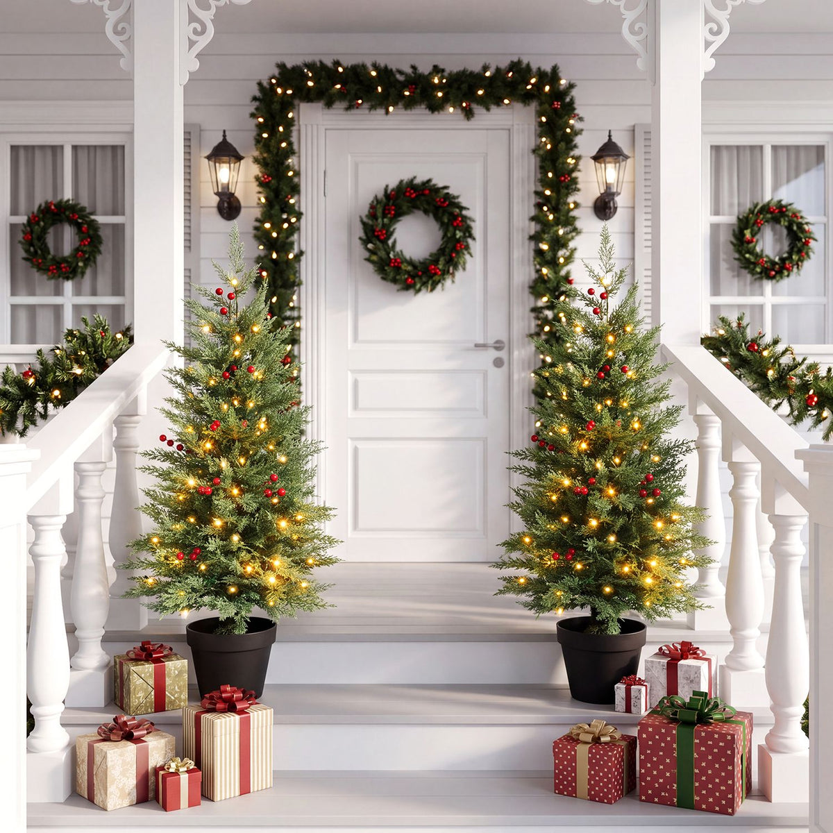 Two lit potted Christmas trees flank a white front door decorated with a wreath and garland.