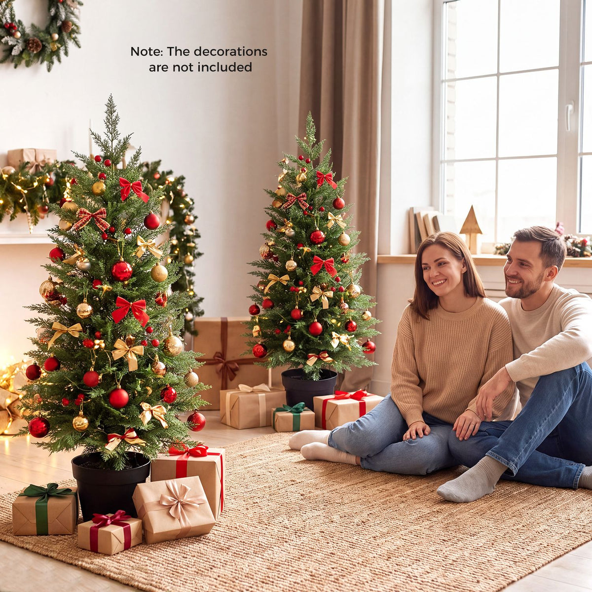 Two decorated potted trees stand beside a seated couple in a warmly lit living room.