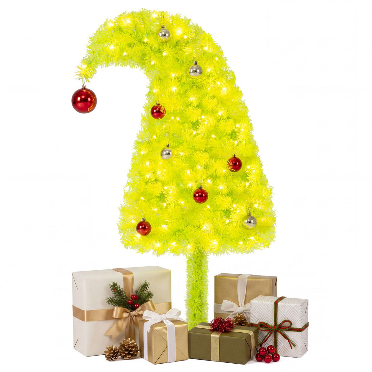 Close view of the curved-top lighted tree with red and silver ornaments, displayed above wrapped gift boxes.