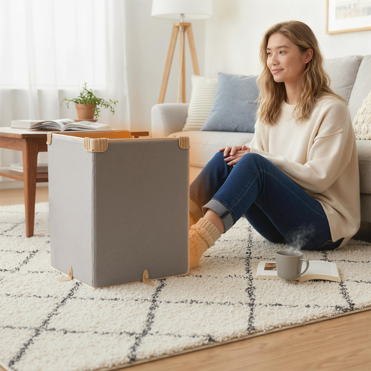A woman sits beside the folded-out gray panel heater on a living room rug.