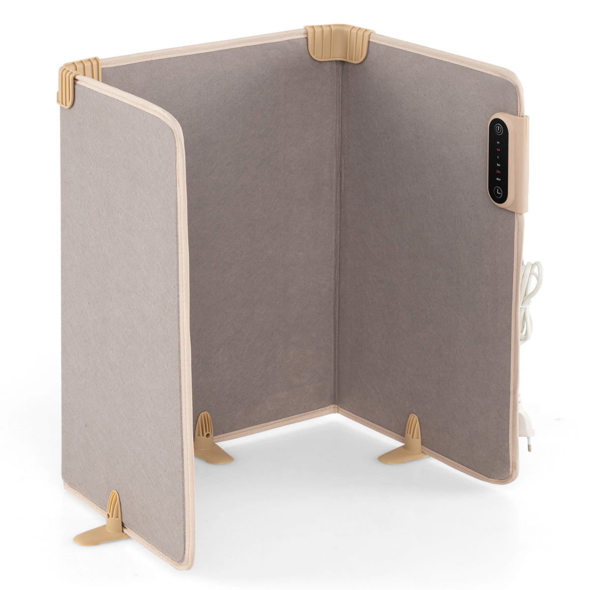 Three gray fabric panels form an open enclosure with a control panel on one side.