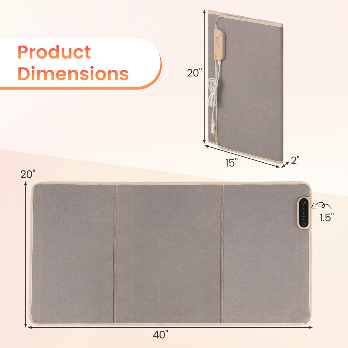 Foldable gray heater shown folded and fully opened, with measurement arrows around both views.