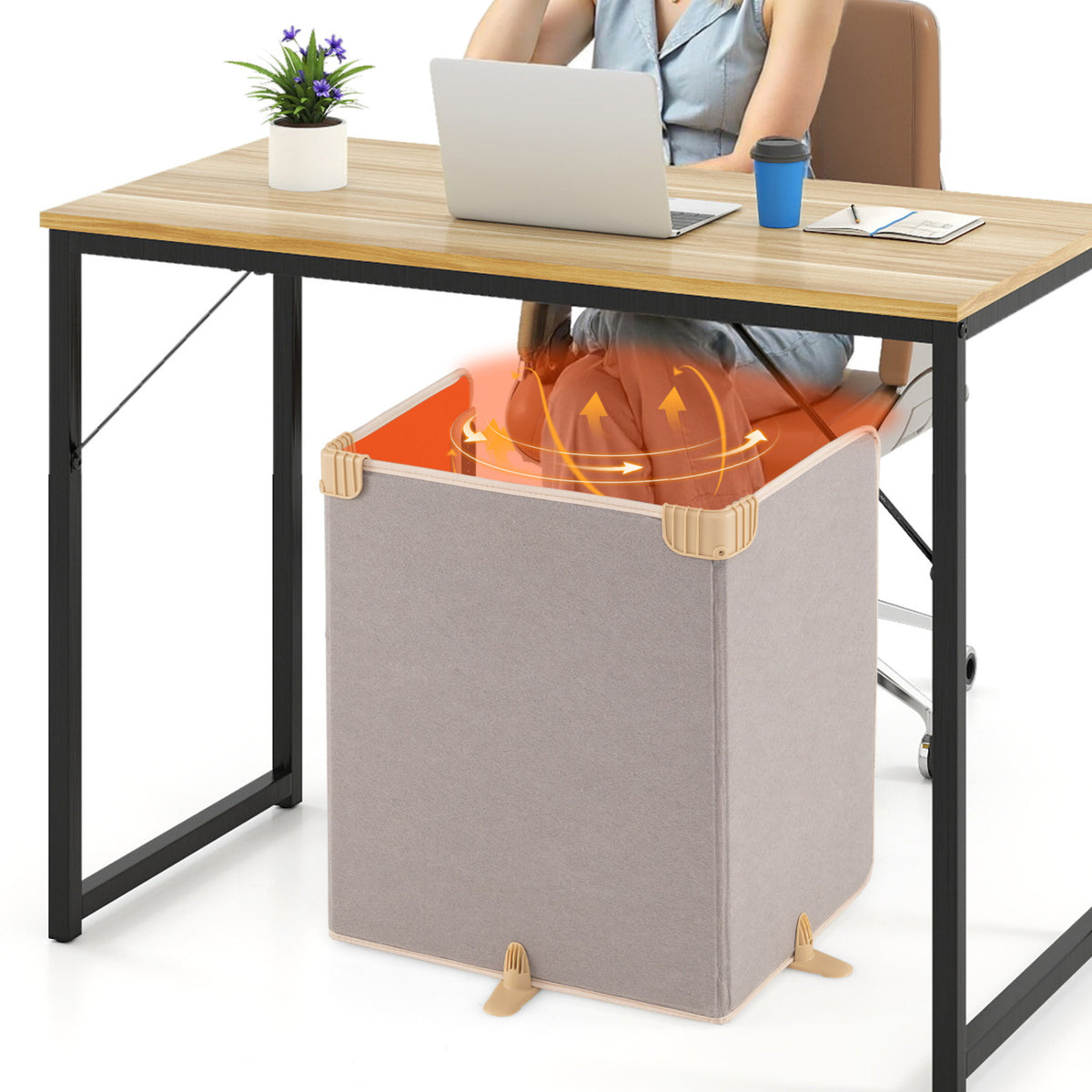 A person works at a desk as illustrated heat rises from the heater arranged around their legs.