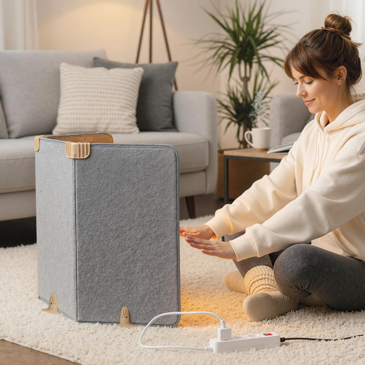 A woman sits on a rug and reaches toward a gray folding panel heater in a living room.