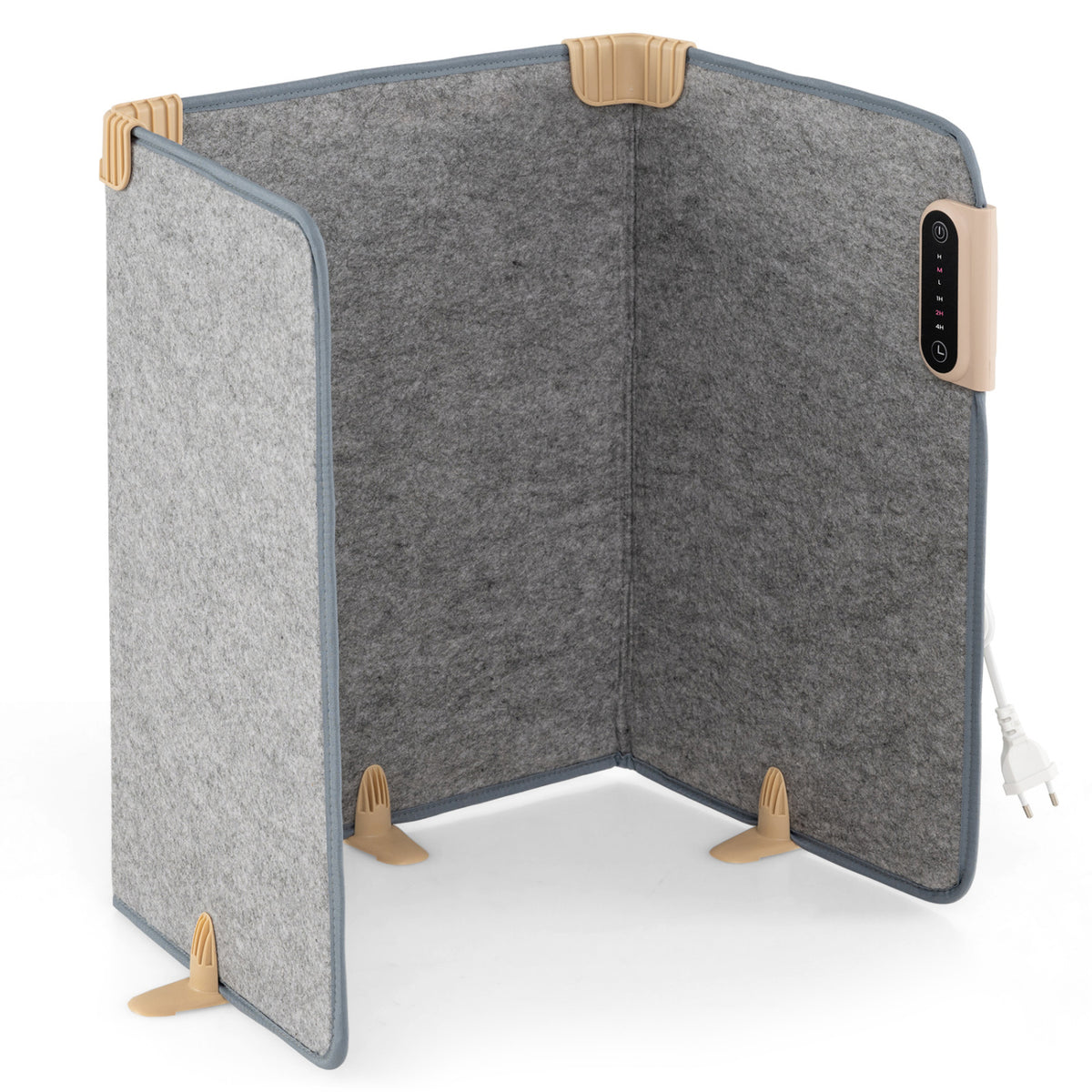 Gray three-panel heater stands open against a white background, showing its control panel, feet, and cord.