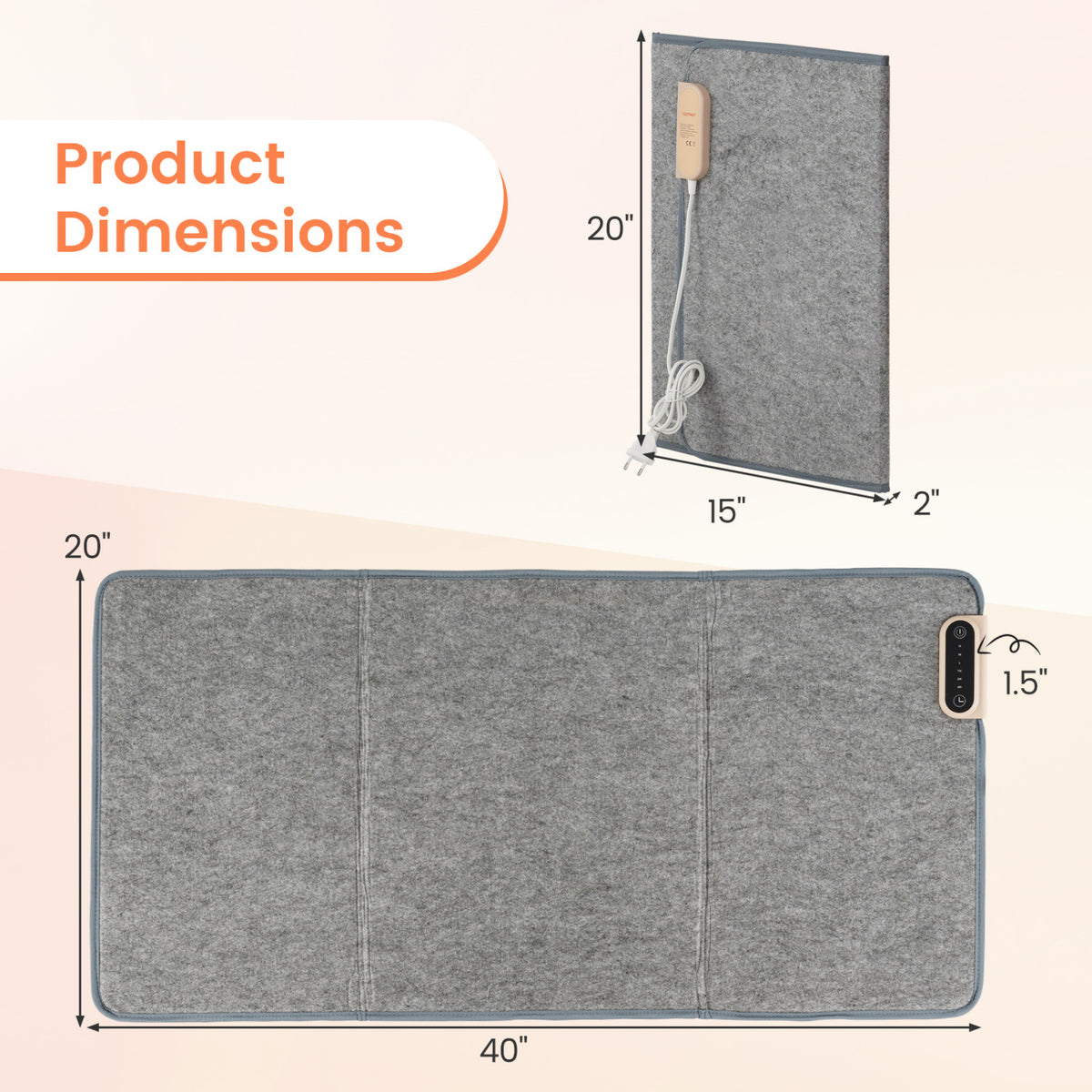 Gray folding under-desk heater shown folded upright and opened flat with measurement arrows.
