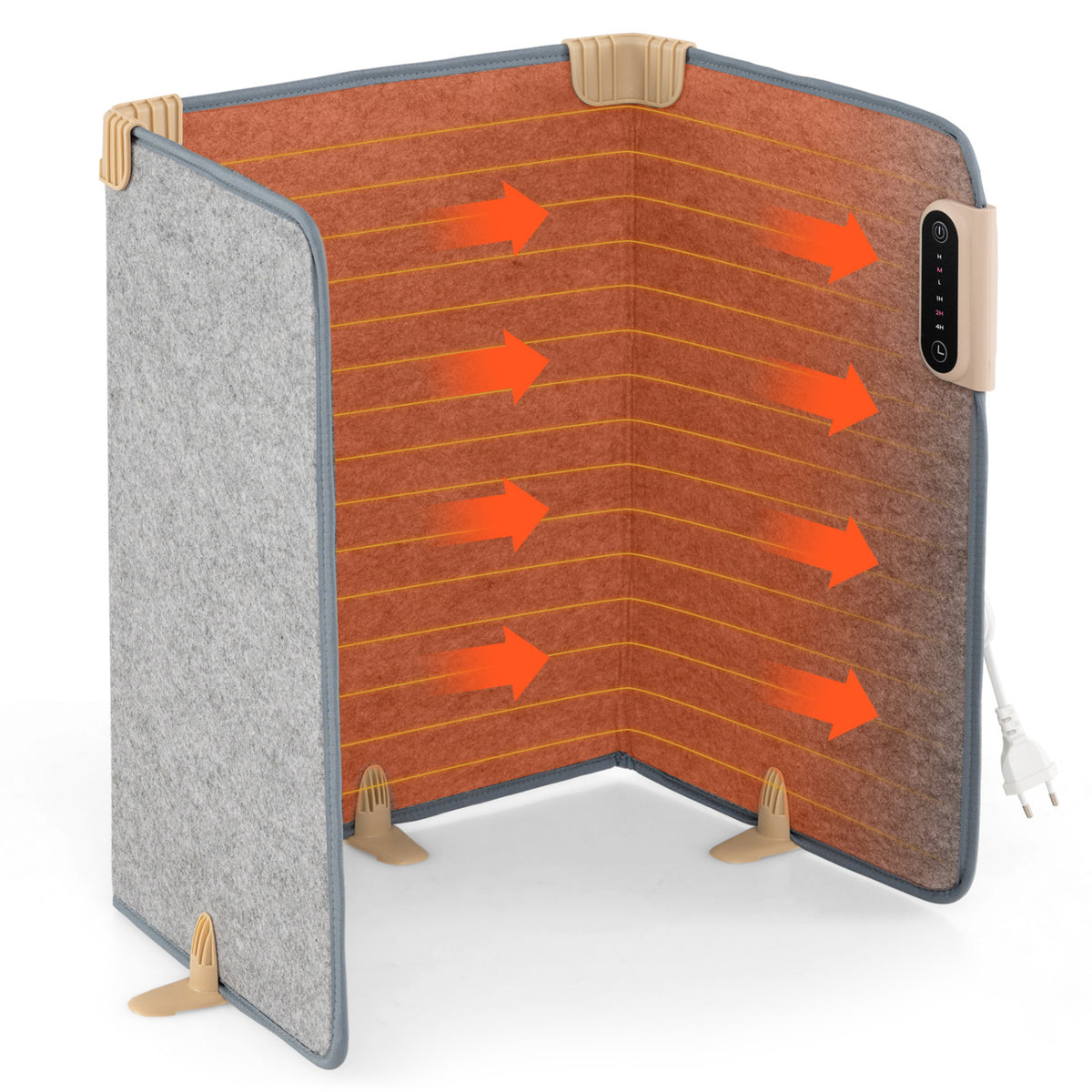 Open gray panel heater is shown glowing orange, with arrows illustrating heat flowing across its panels.
