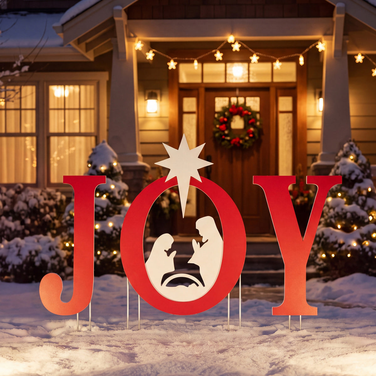 Red JOY yard sign with a cream nativity scene and star in a snowy, decorated yard.