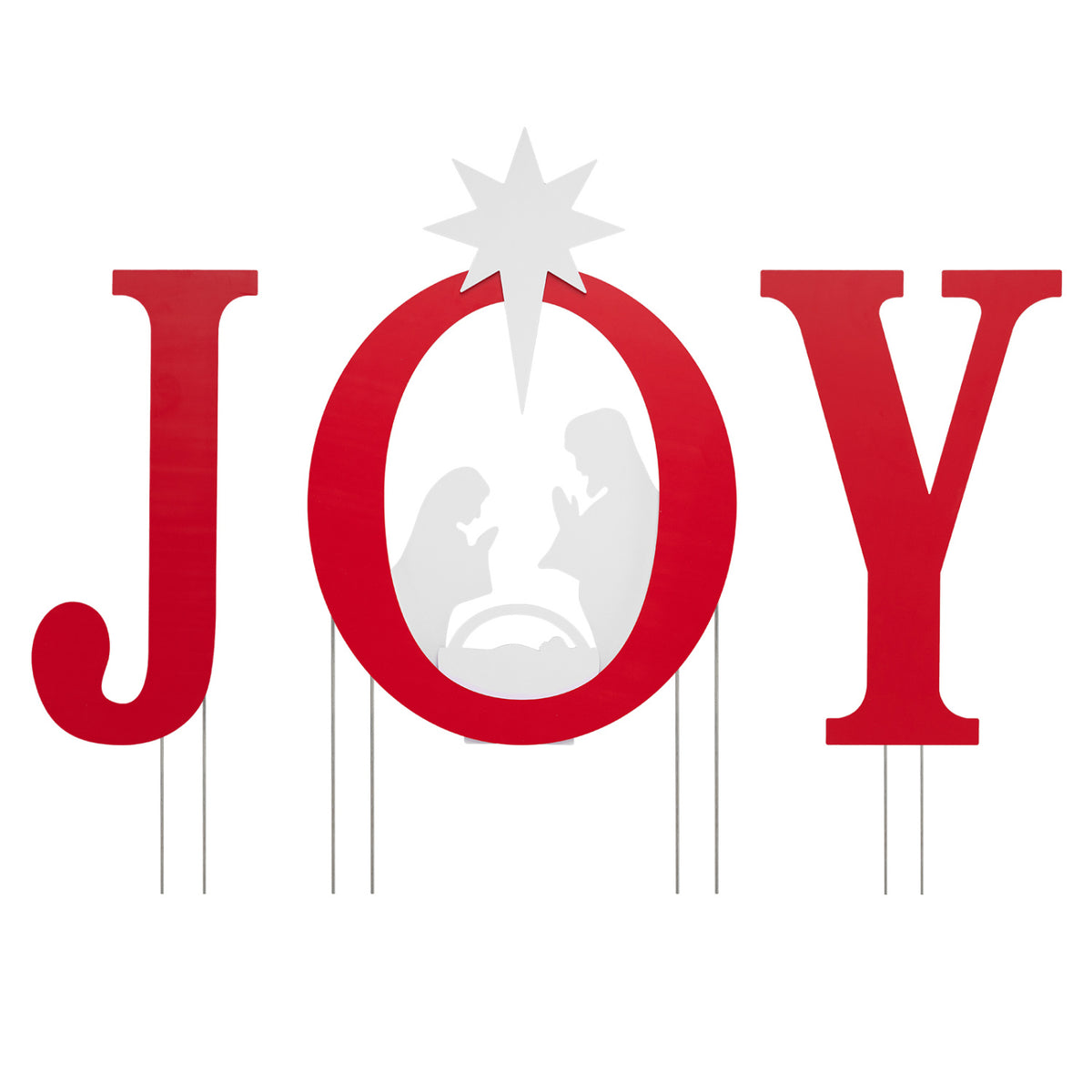 Red JOY yard sign with a white nativity silhouette inside the O and a star above it, shown against white.