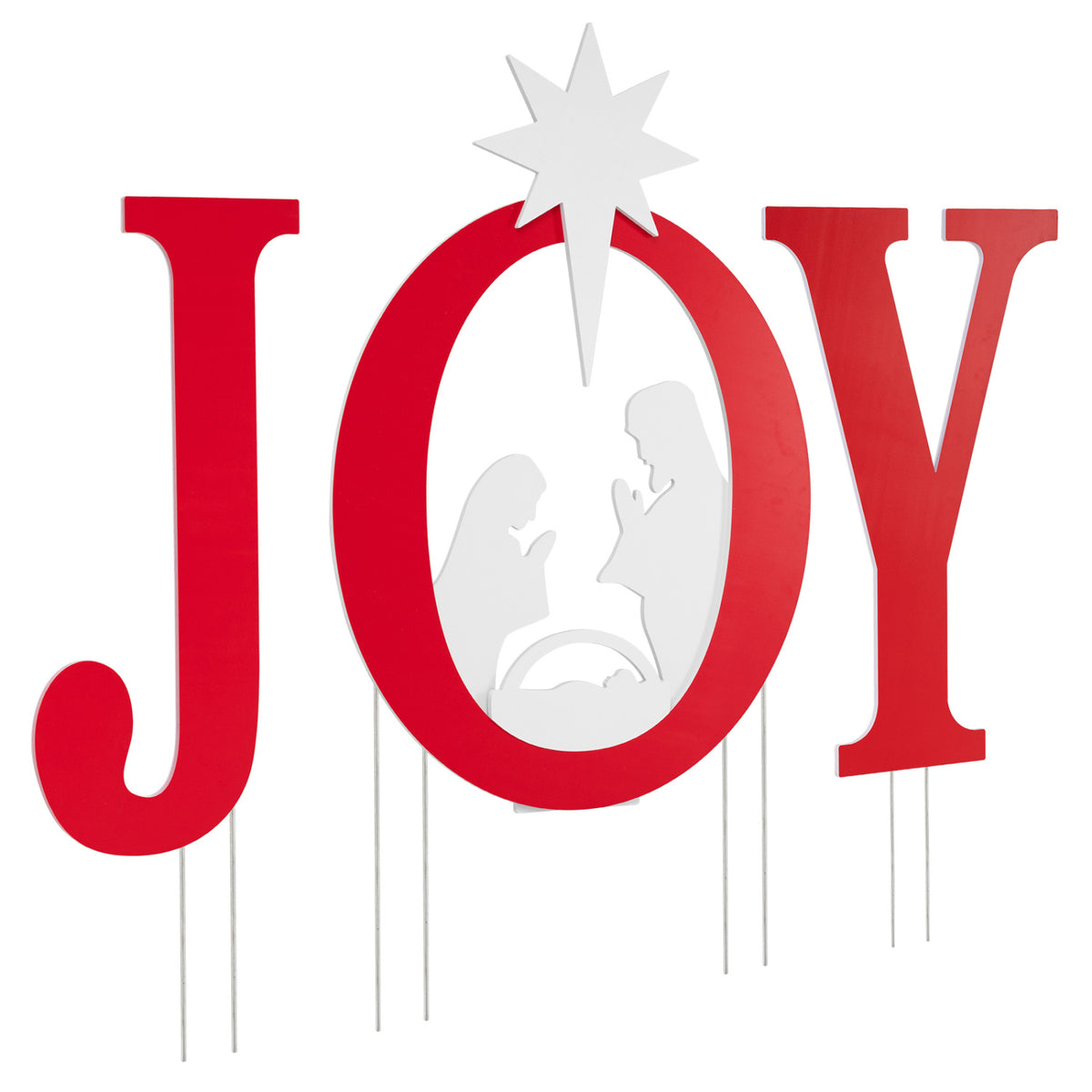 Angled view of the red JOY sign, with a white nativity scene in the O and a star overhead.