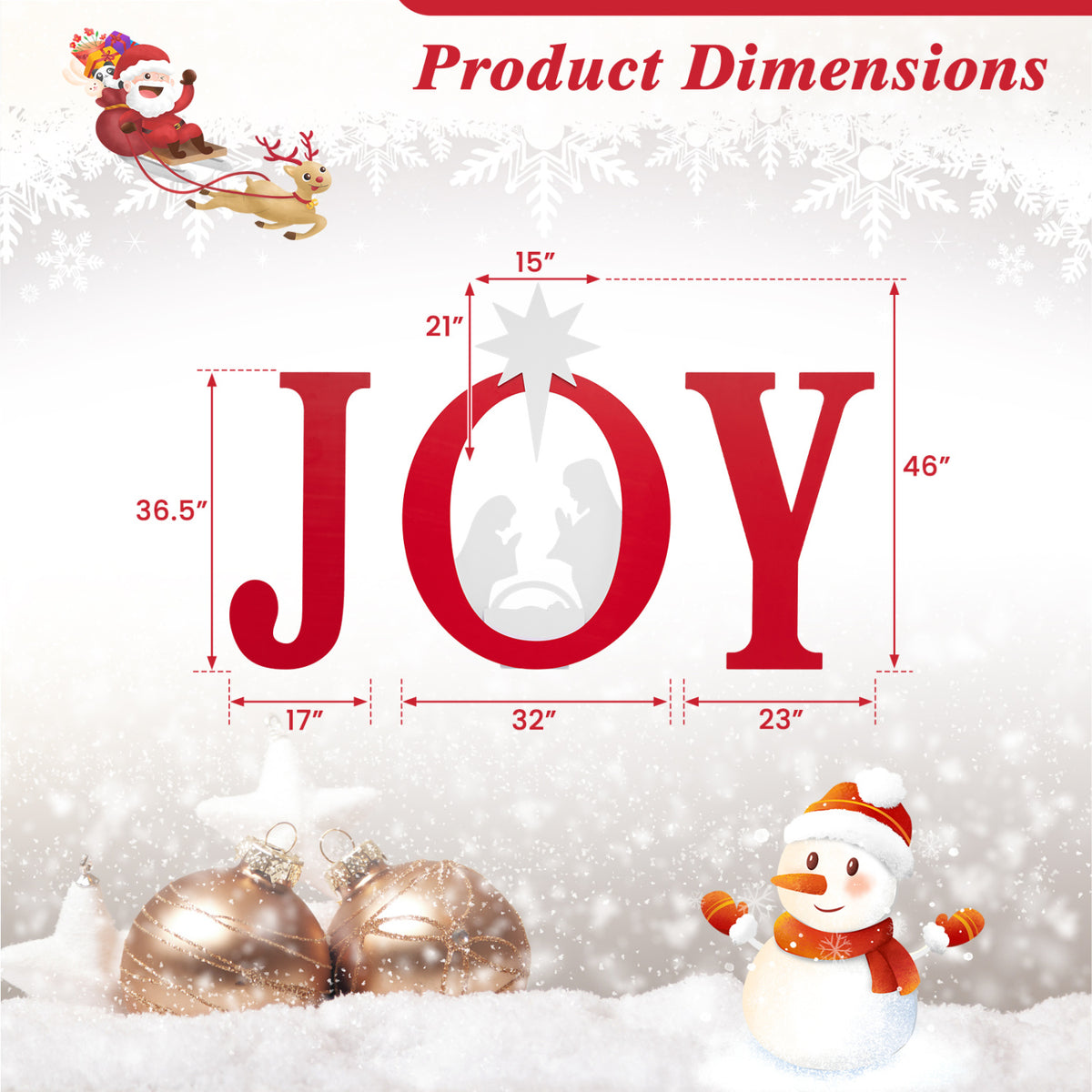 Diagram of the JOY yard sign with measurement arrows and a festive winter background.
