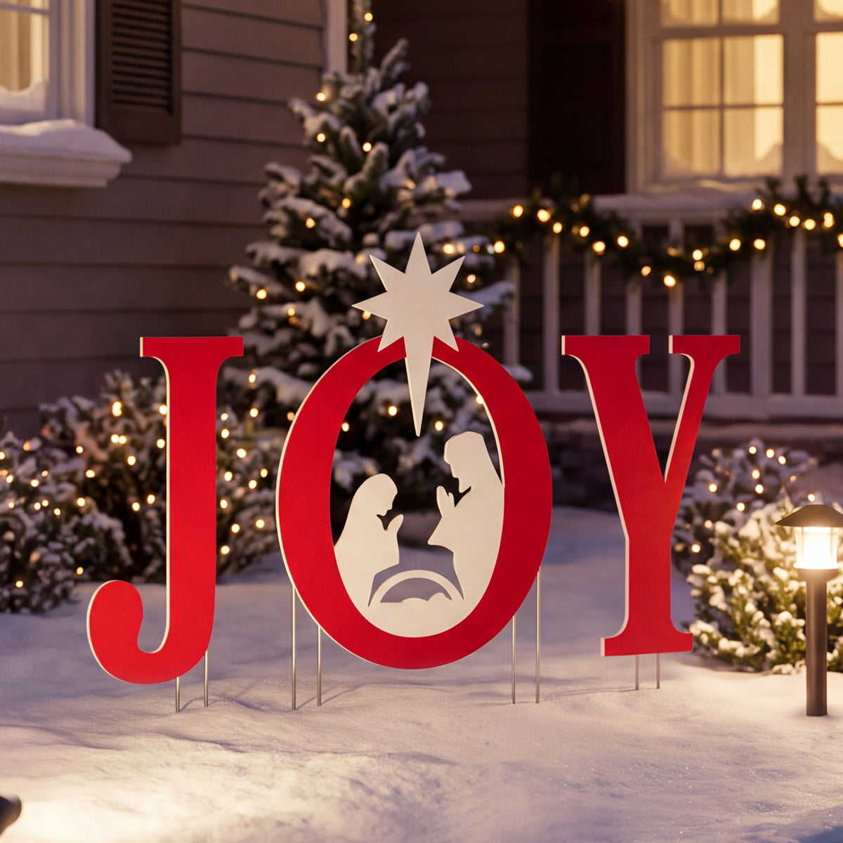 Red JOY nativity yard sign standing in snow outside a warmly lit, decorated house.