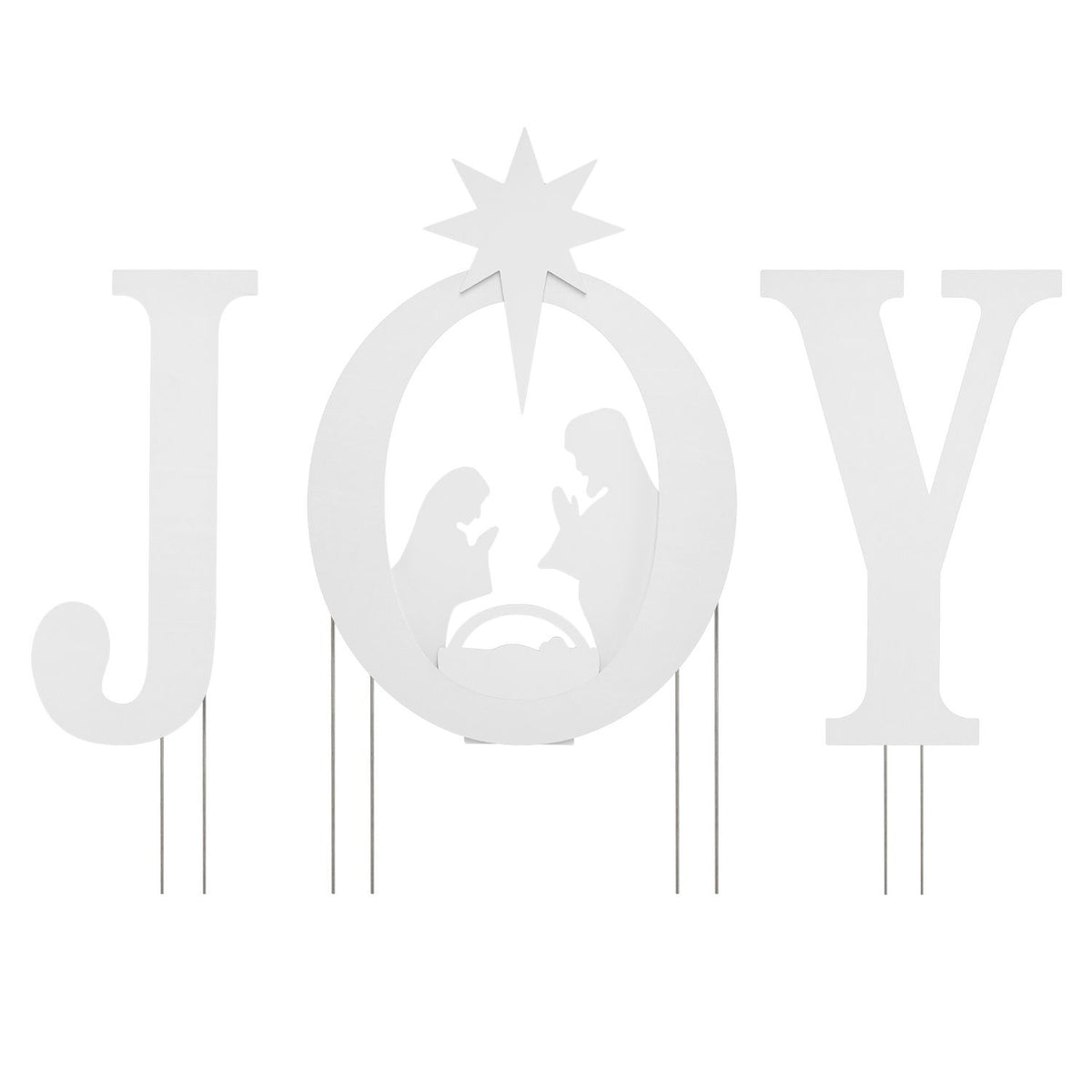 White JOY nativity yard sign shown straight on against a white background