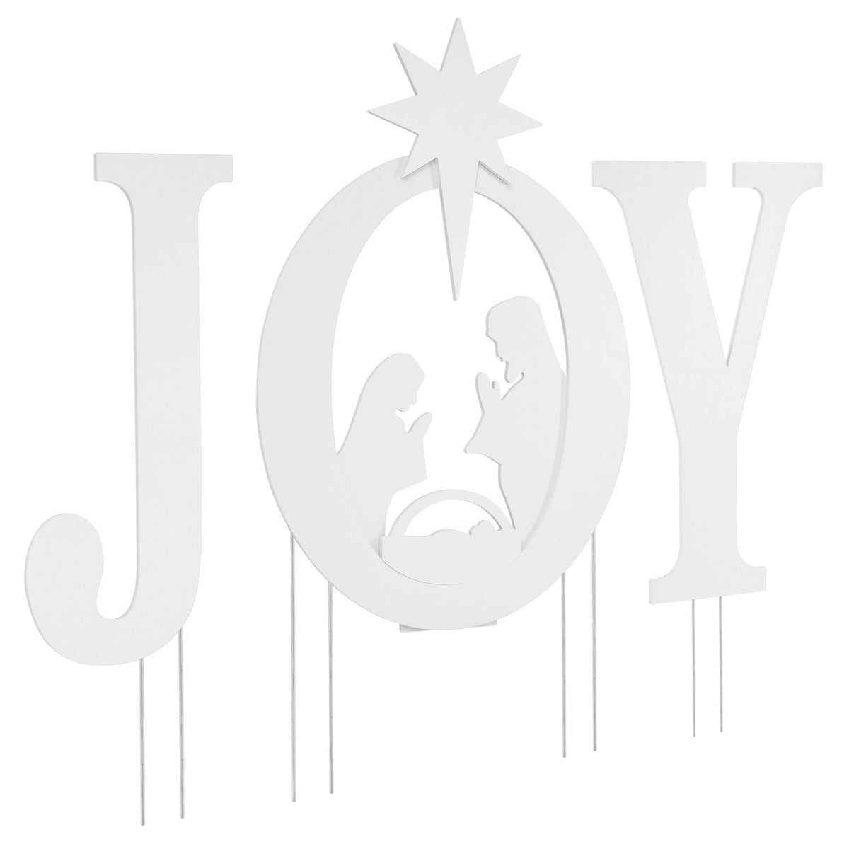 White JOY nativity yard sign shown at an angled front view