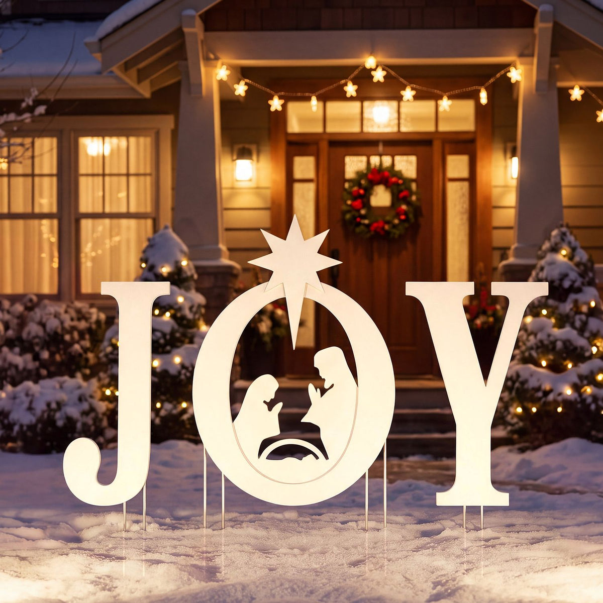 White JOY nativity yard sign standing in a snowy garden at night