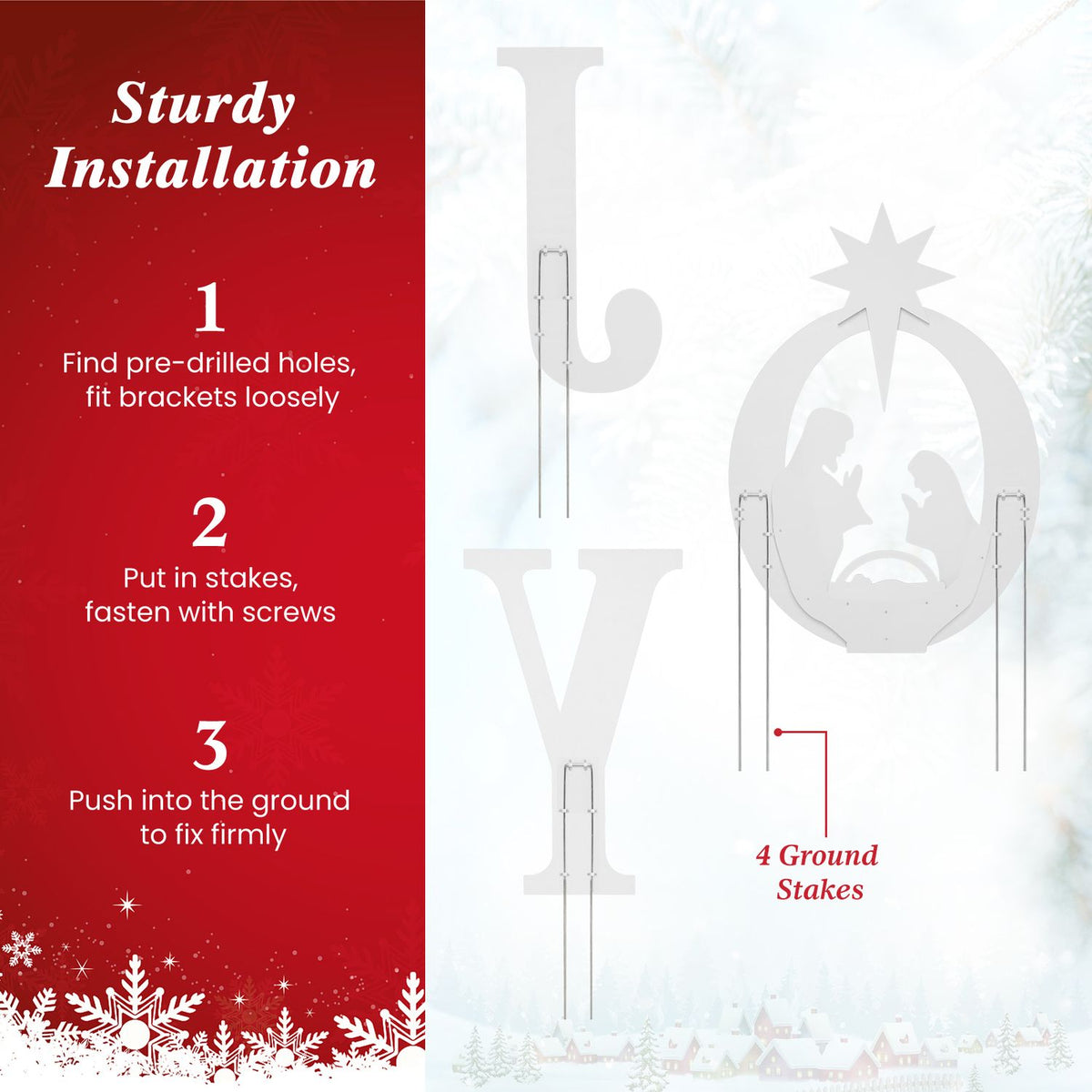 White JOY nativity yard sign with ground stakes shown beside installation steps