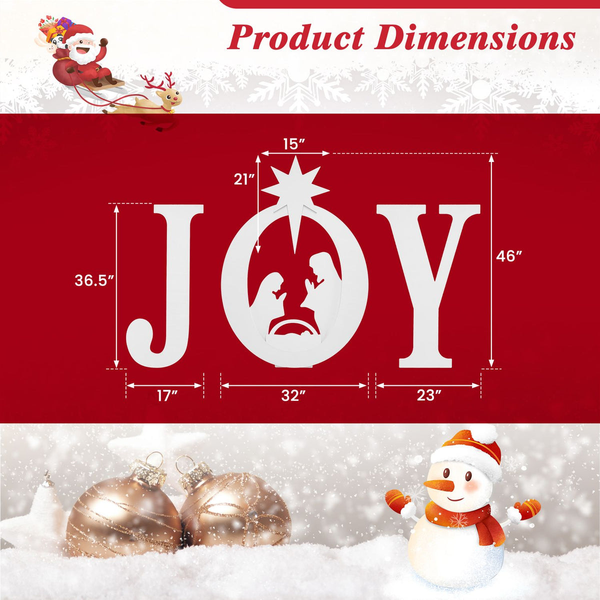 White JOY nativity sign diagram with component dimensions on a red graphic