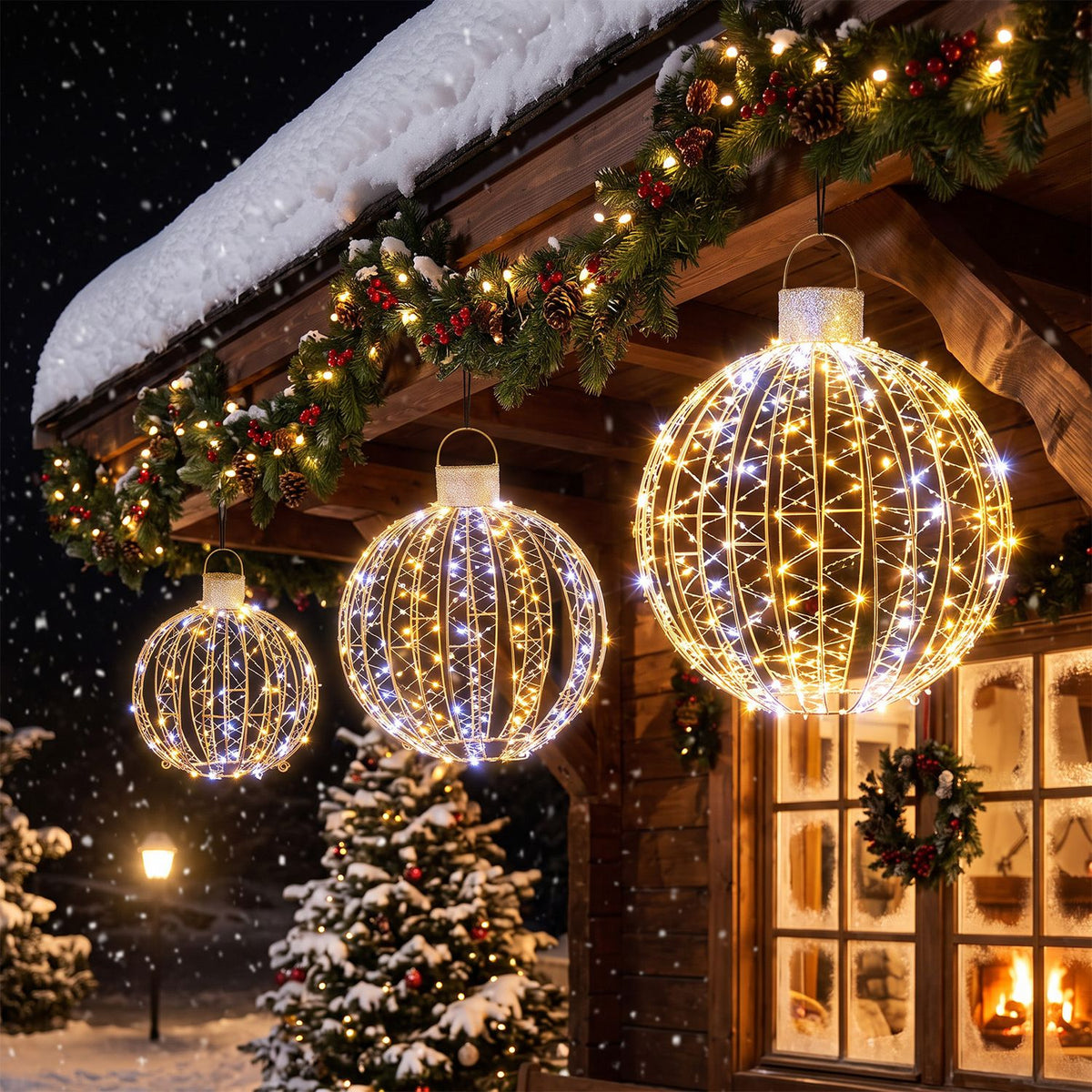 Three glowing wire-frame ornament balls hang beneath a snowy cabin eave decorated with greenery.