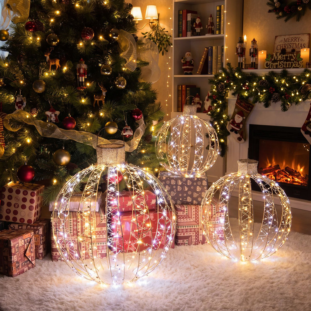 Three glowing wire-frame ornaments sit among wrapped gifts beside a decorated Christmas tree and fireplace.