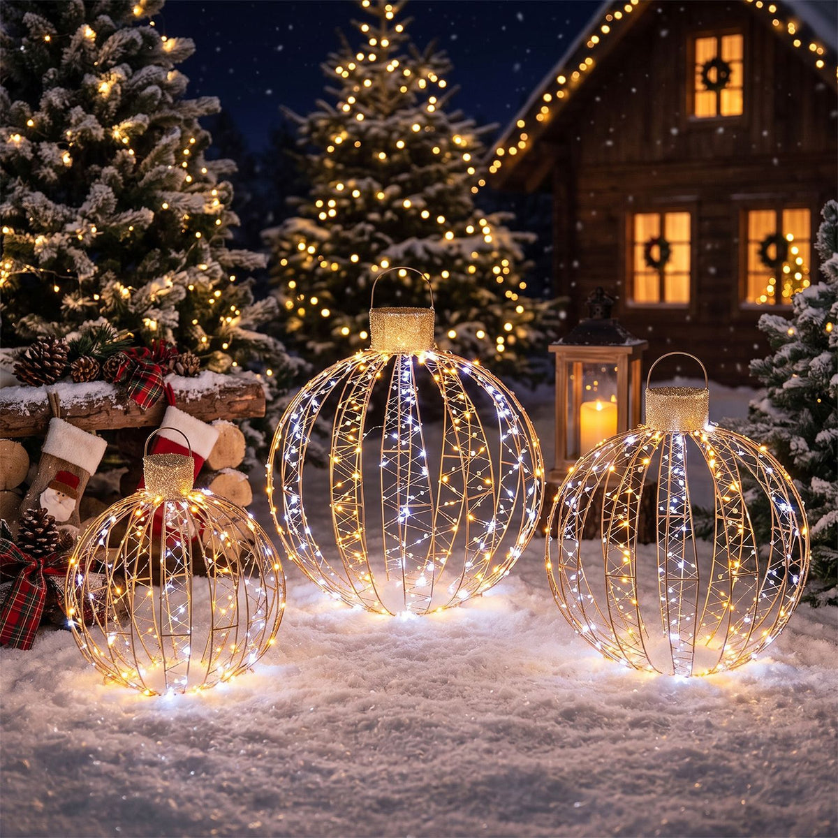 Three illuminated wire-frame ornaments rest in snow beside a lit Christmas tree and cabin.