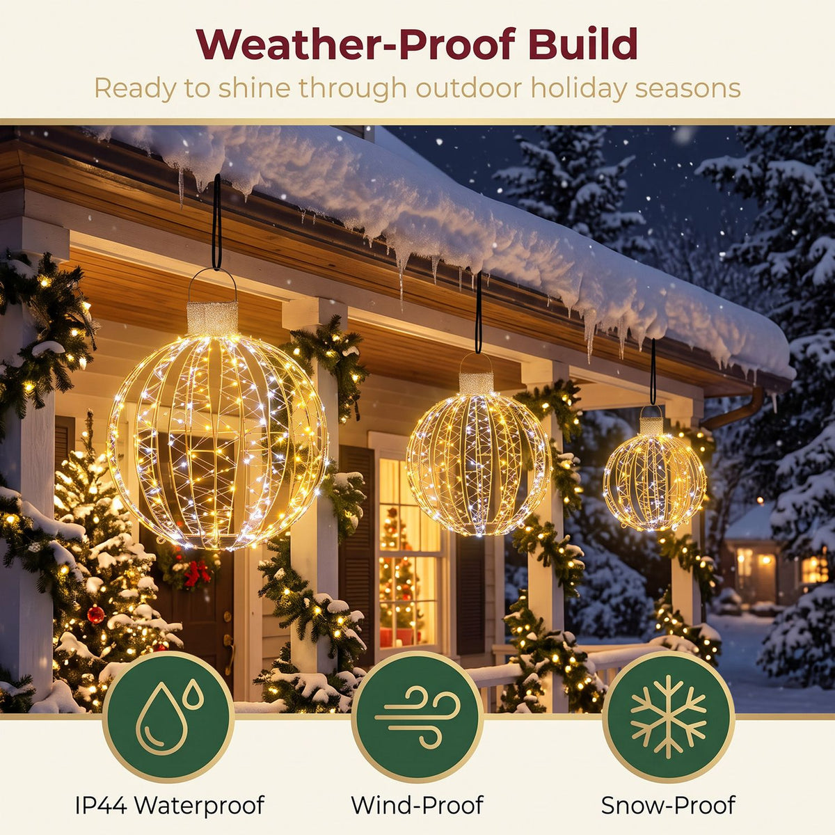 Three glowing ornaments hang from a snowy roof, with round weather-themed icons below.