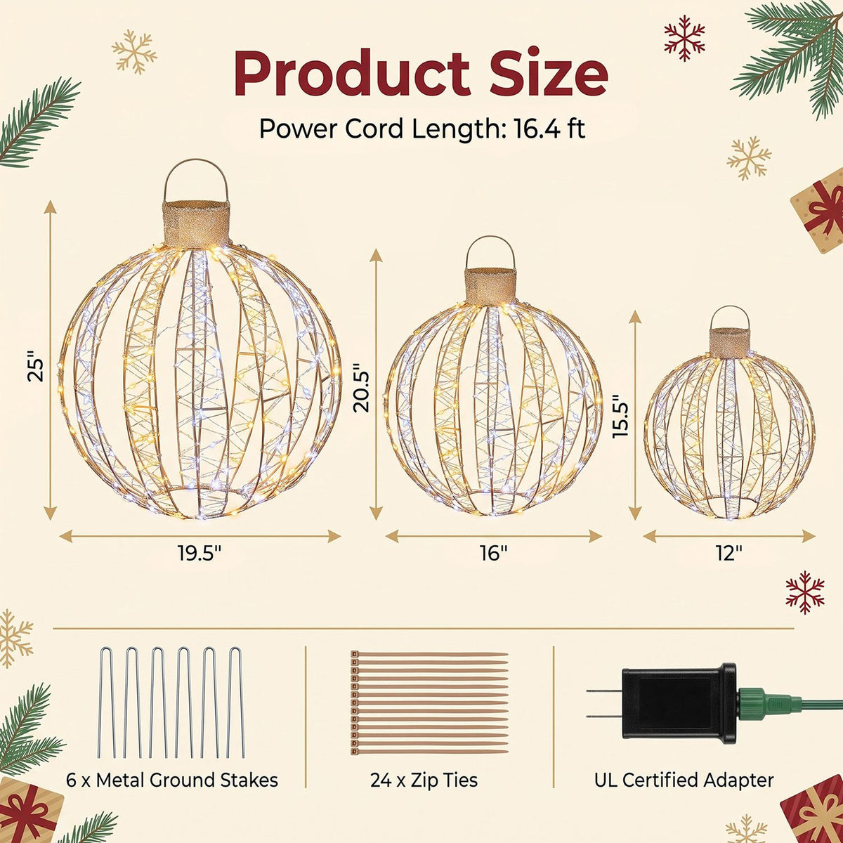 Illustration shows three lighted balls in graduated sizes with arrows and accessory images.