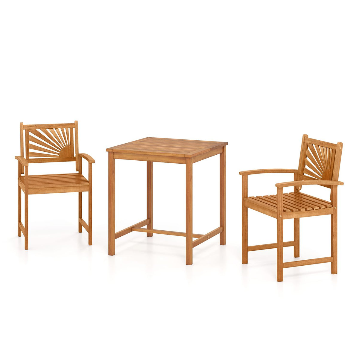 Patio set on a white background, with two fan-back chairs and a square table shown from different angles.