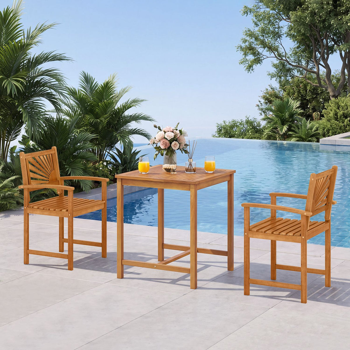 Two wooden armchairs and a square slatted table arranged beside a swimming pool.