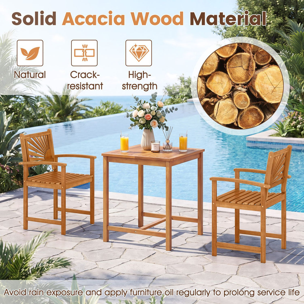 A wooden patio dining set beside a pool, with a circular close-up of cut wood logs.